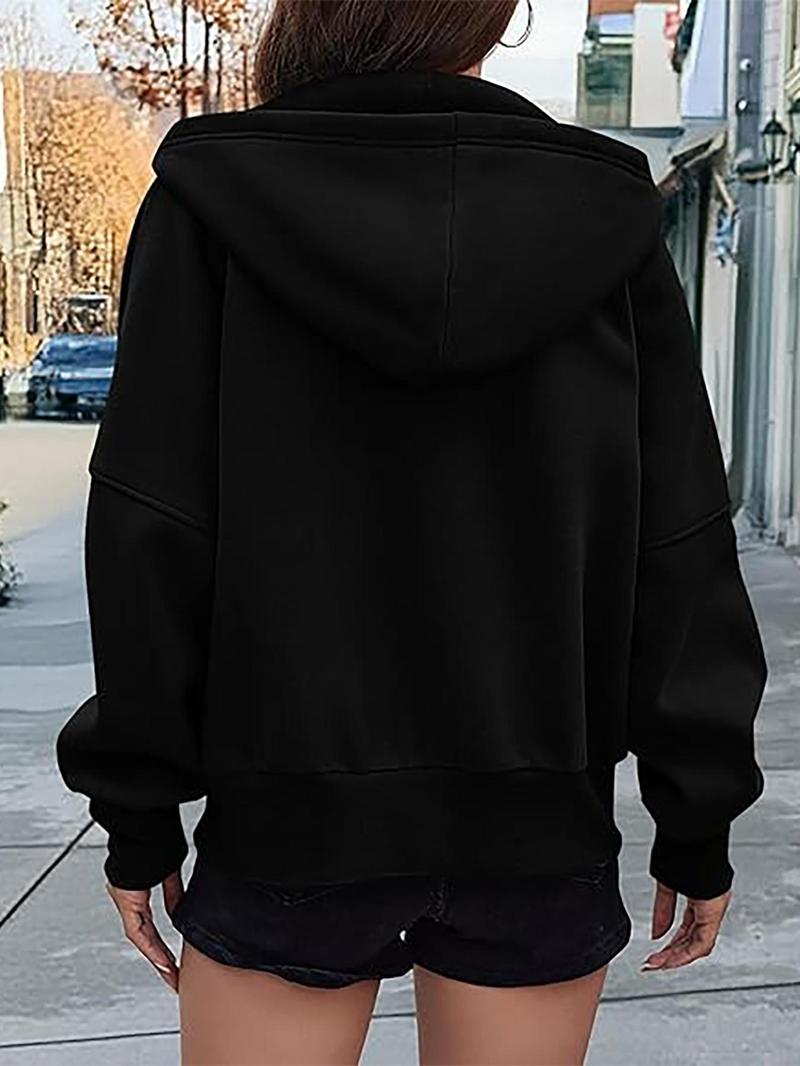 Product Introduction of Women's Solid Zip Up Pocket Drop Shoulder Hoodie Coat, Fashion Casual Pocket Hooded Sweatshirt Outwear for Daily Outdoor Wear, Women Fall & Winter Clothes 2