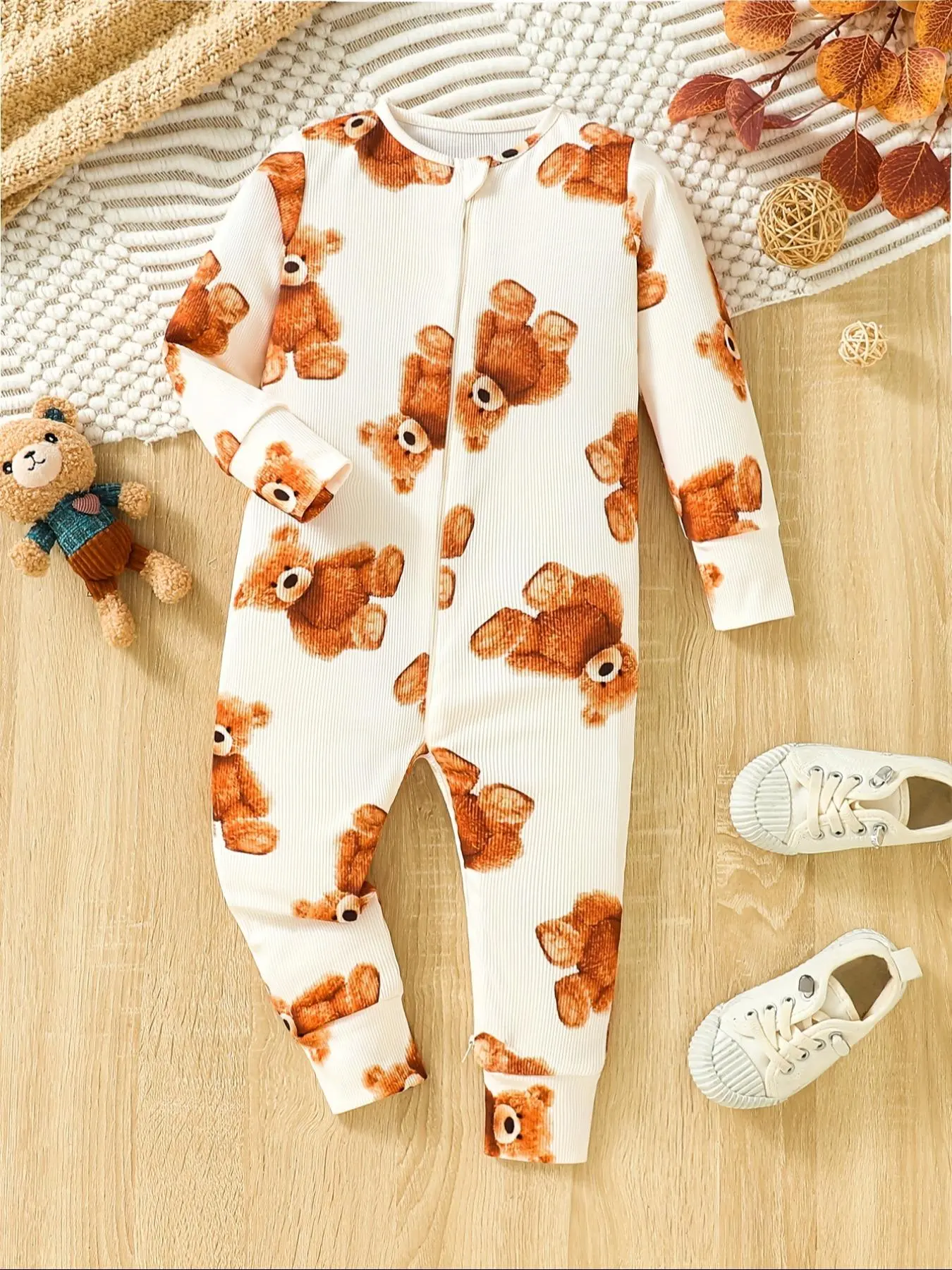Baby's Cartoon Bear Print Zipper Ribbed Jumpsuit, Cute Long Sleeve Round Neck Jumpsuit for Newborn Infant, Babies One Piece Outfit for Spring & Fall