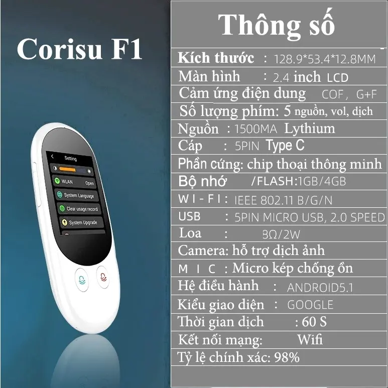Máy phiên dịch trực tiếp Corisu F1 dịch giọng nói cực chuẩn, dịch không cần kết nối mạng 11 ngôn ngữ 4