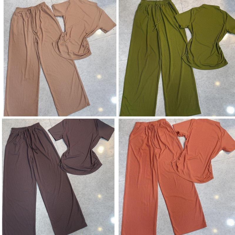 Set Quần Ống Rộng Thun Gân Dành Cho Nữ Kèm Áo Ôm Cổ Lọ Mặc Vào Mùa Thu Đông Top Women Kem Polo Ong