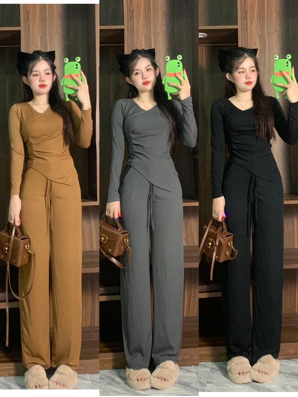 Bộ quần áo Bigsize Voi Women Nhung Top chất thun tăm lạnh tay dài frill nơ - Nữ