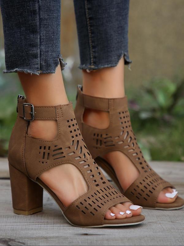 Women's Summer 2024 Fashionable Solid Color Hollowed-out Zipper High Heel Sandals, Peep Toe Sandals Chunky Heel, Ankle Strap Pumps Shoes for Party 2