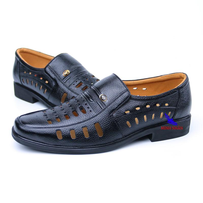 Giày rọ nam da bò cao cấp đẹp nguyên tấm đế khâu Giày mùa hè đục lỗ thoáng khí giày lười nam da bò đục lỗ hàng hiệu giá rẻ H-15 màu đen Men’s Summer Shoes