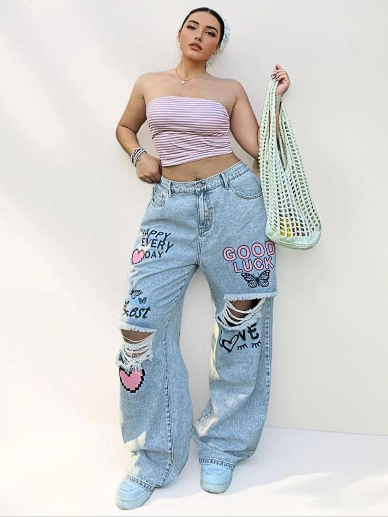 Product Introduction of 【Plus Size】 Butterfly & Heart Print Jeans, Fashion Casual Wide Leg Jeans for Daily Outdoor Wear, Women Plus Clothing for All Seasons 3