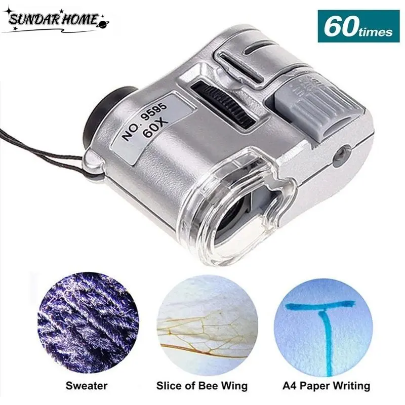 Microscope Mini Glass LED Miniature Microscope Magnifier 60x Zoom Portable High Definition ...