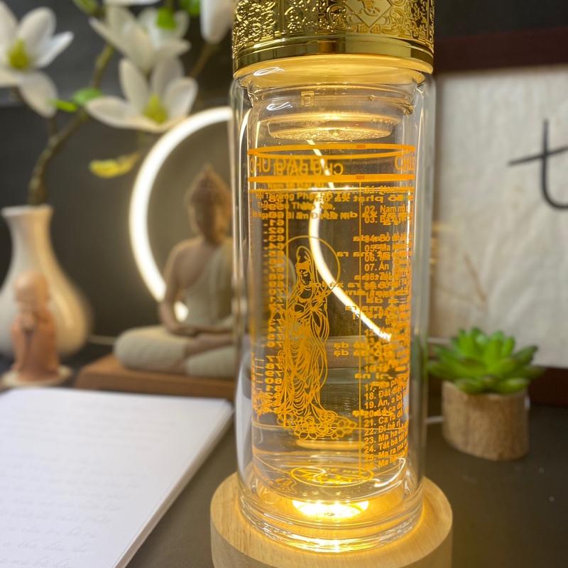  Bình Nước Chú Đại Bi 2 Lớp Thủy Tinh Cao Cấp Tặng kèm đế đèn  - Tuệ Nga 