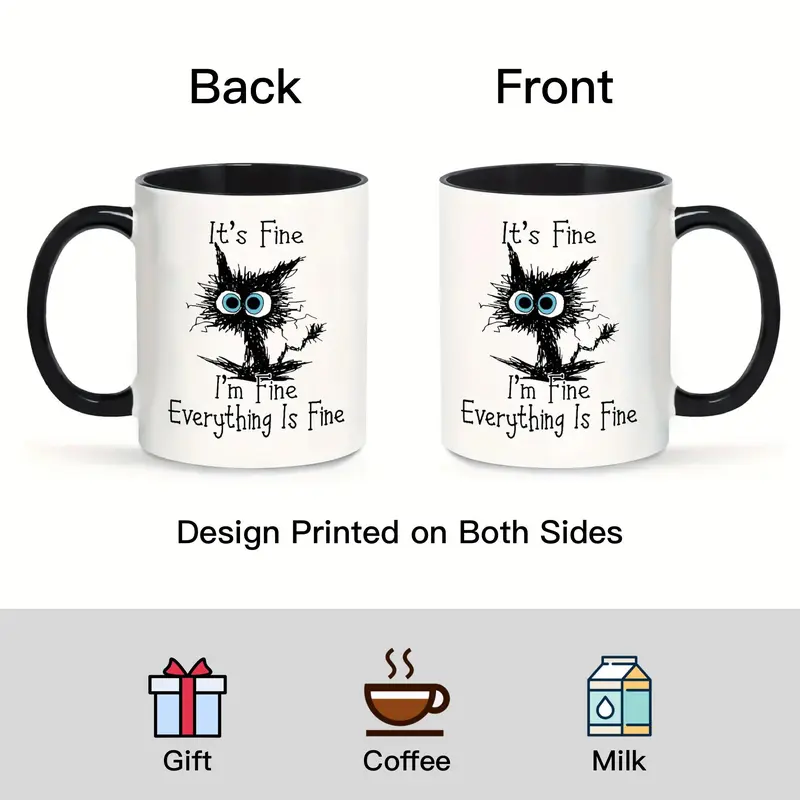 Ceramic Coffee Mug, Funny Cat & Letter Pattern Coffee Cup, Coffee Mug with Handle, Gifts for Family and Friend 2