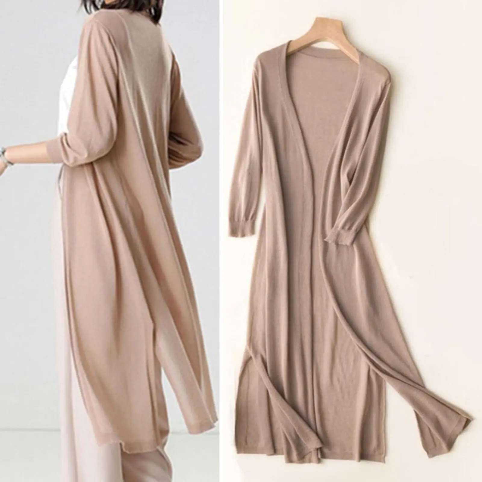 Tayuod-Women Summer Knitting Sun Protection Clothing Long Sleeve Side Split Long Cardigan Ladies Thin Shawl Outerwear