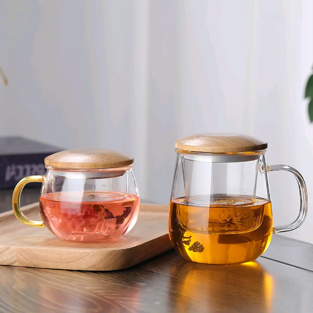 Gelas Cangkir Saringan Rempah Teh Tea Cup Mug With Infuser Filter Tutup Kayu / Gelas Cangkir Saringan Teh Rempah/Gelas Saringan Teh Tahan Panas /Gelas With Infuser Kaca Gelas Saringan Rempah / Gelas Infuser Bunga