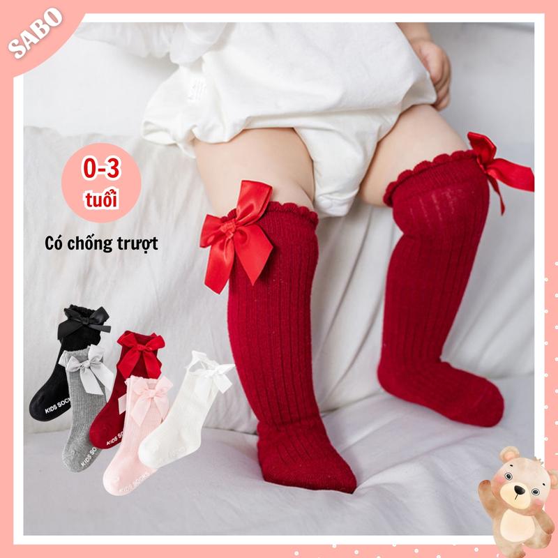 Tất Vớ Đùi Chống Trượt Đính Nơ Chất Len Lưới Mềm Mại Cho Bé Gái 0-3 Tuổi Tất Bốt Đính Nơ Cho Bé