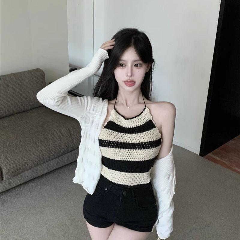 Product Introduction of [2241 People Collected] Summer Pure Desire Style Halter Neck Off-Shoulder Sweet Spicy Girl Striped Camisole Vest for Women Tight Slimming Inner Wear Top Outer Wear 10