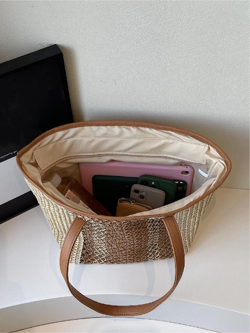 Product Introduction of Women's Fashionable Colorblock Straw Bag, Large Capacity Shoulder Bag for Women & Girls, Casual Trendy Versatile High-quality Daily Commuting Bag, Girl Fashionable Shopping Bag 5
