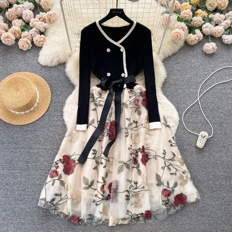 Đầm Chữ A, Thời Trang Nữ, Cổ Điển Dệt Kim, Cổ Chữ V, Dài Tay, Hai Ngực, Chắp Vá Thêu Lưới, Cài Nút, Cạp Cao, Ôm Vừa Vặn, Thích Hợp Cho Mùa Thu Và Mùa Đông, Buộc Dây, Cạp Cao, Ôm Vừa Vặn, Thích Hợp Cho Bữa Tiệc Và Kỳ Nghỉ
