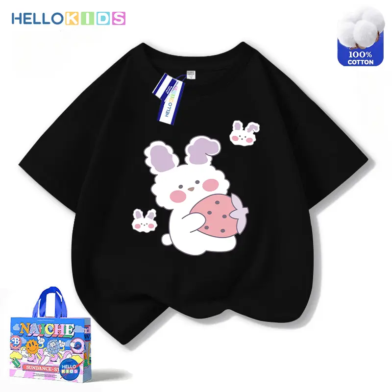 Áo Thun ngắn Tay 100% Cotton, In Hình Thỏ Ngọt Ngào Và Dễ Thương, Dành Cho Thời Trang Trẻ Em, Quần Áo Bé Gái, Áo Cổ Thuyền Dáng Rộng 2