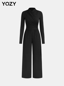 YOZY Women's Solid Ruched Wrap Mock Neck Wide Leg Jumpsuit, Casual Long Sleeve Zipper Jumpsuit, Women's Clothes for Daily Wear