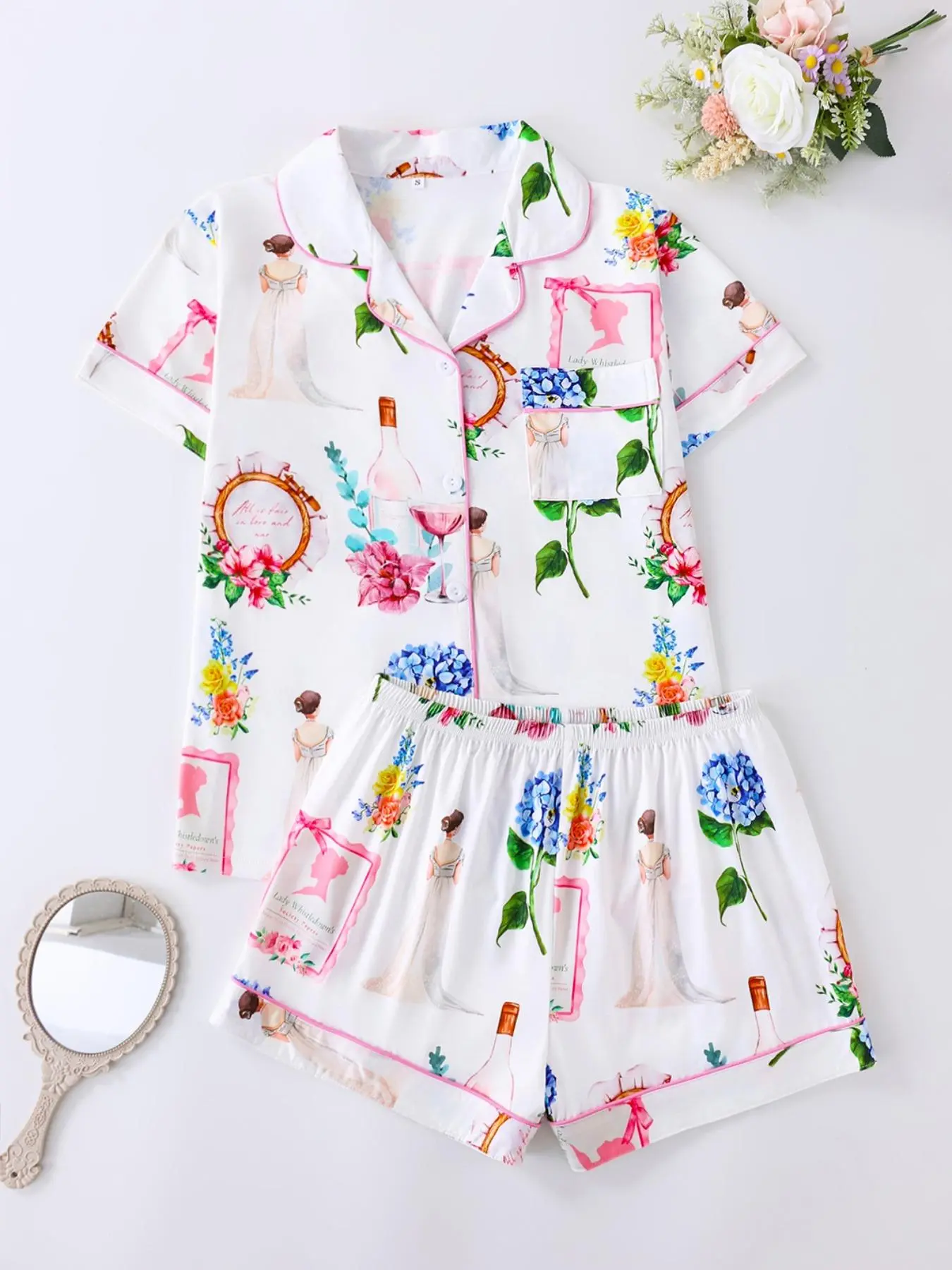 Women's All Over Print Lapel Neck Top & Shorts Pyjama Two-piece Set, Casual Comfy Short Sleeve Collared Top & Elastic Waist Shorts PJ Set, Ladies Sleepwear for All Seasons, Loungewear