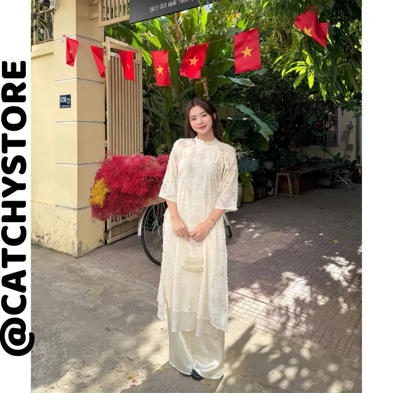 Áo Dài Cách Tân Nữ Lông Vũ Buộc Nơ Cách Điệu Kèm Quần Lụa Trơn Xinh Xắn Nhiều Màu CATCHYstore Áo Dài Mặc Tết Cho Nữ Phối Quần Lụa Women Dress Kem Đỏ Hồng Sen aodai  dang suong 6
