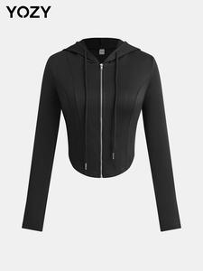 YOZY Women's Solid Textured Zip Up Crop Skinny Hoodie, Casual Long Sleeve Drawstring Hooded Sweatshirt for Fall & Winter, Women's Clothing for Daily Wear