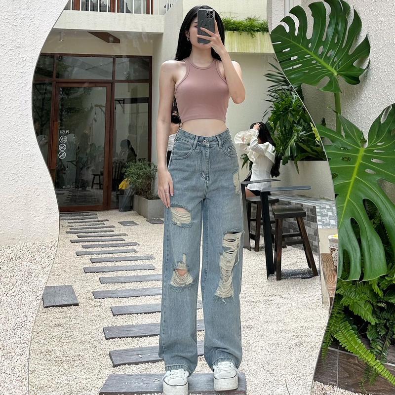 XÃ KHO NGHỈ BÁN Quần Jeans Nữ Ống Suông Quảng Châu, Rách Đùi, Lưng Cao 0