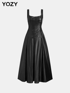 YOZY Women's Solid Square Neck A Line Cami Leather Dress, Elegant Fashion Sleeveless Midi Dress for Party Dating Wear, Women Dress for Fall & Winter
