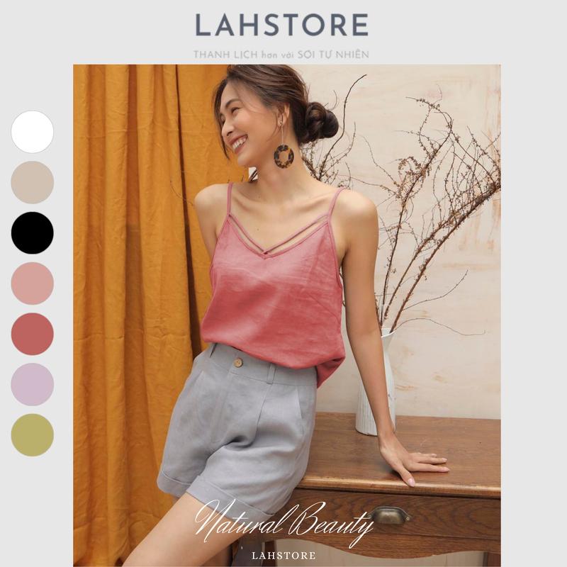 Áo 2 dây nữ LAHSTORE vải linen tưng gân, cổ tim, dây cổ đan chéo (Hồng Đậm) Top
