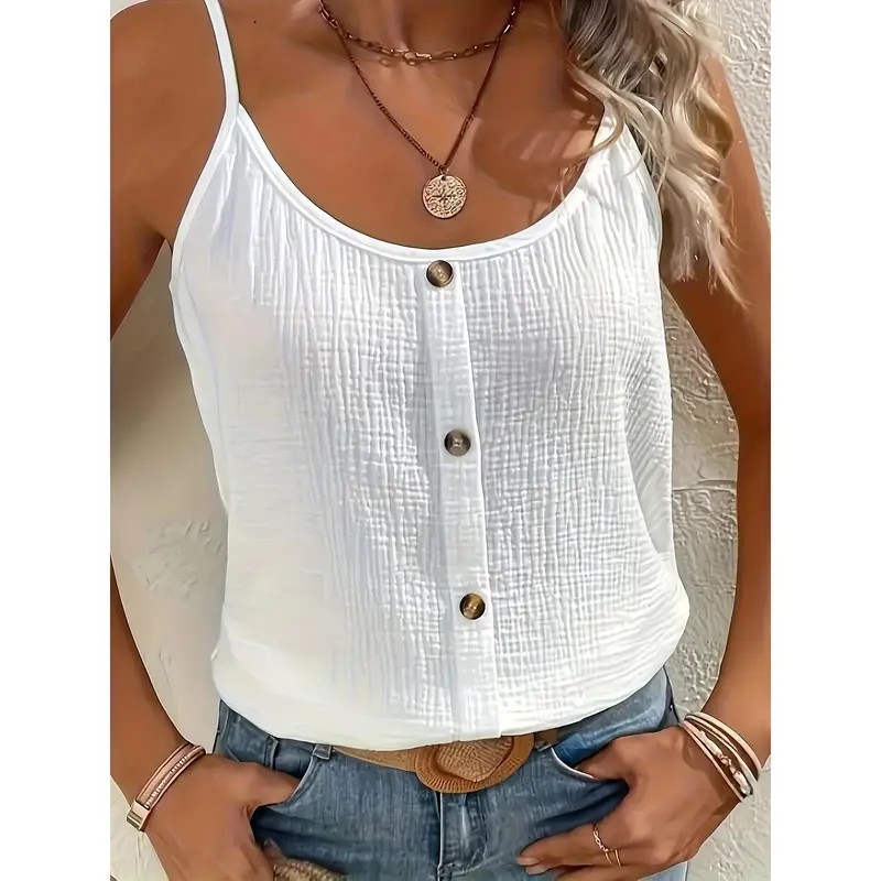 Bugudog-Vibrant Solid Color Cami Top - Stylish Button Decor, Comfortable Sleeveless Design, Perfect for Casual Occasions - Ideal for Spring and Summer Seasons, Womens Exclusive Clothing Womenswear Basic Classy Elegant 0