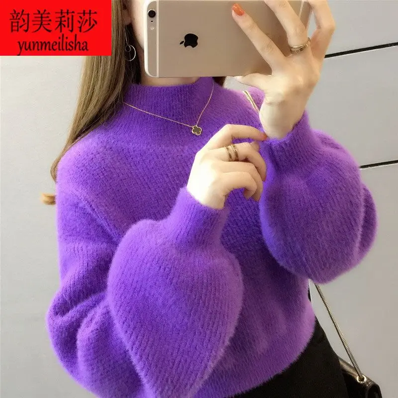 Áo Len Ngắn Len Giống Lông Chồn, Yunmei Lisha, Áo Chui Đầu Nữ, Tay Phồng, Dáng Rộng Vừa Vặn, Có Thể Mặc Ngoài Trời, Tay Áo Đèn Lồng, Áo Lớp Cơ Sở Cổ Lọ Nửa