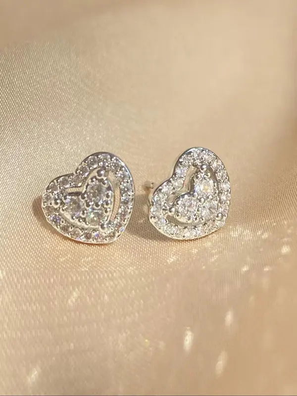 Fashion Simple Heart Shaped Rhinestone Decorated Stud Earrings, Elegant Jewelry for Women, Trendy All-match & Exquisite Jewelry for Birthday Gift 2