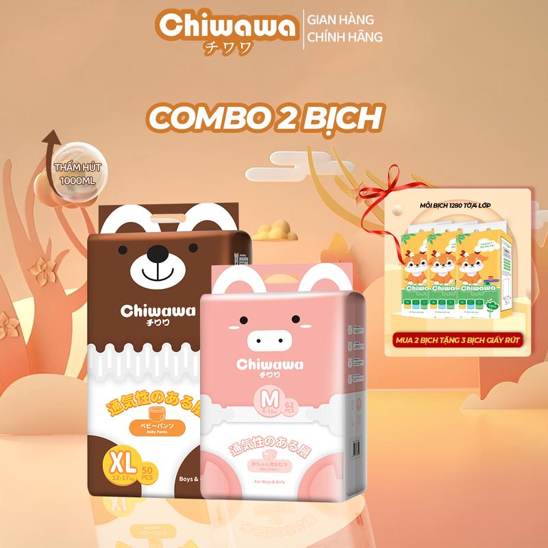 【COMBO 2 BỊCH Bỉm quần/dán Chiwawa cho trẻ sơ sinh Bé gái Bé trai cao cấp size S/M/L/XL/XXL/XXXL 128 miếng Cho Bé