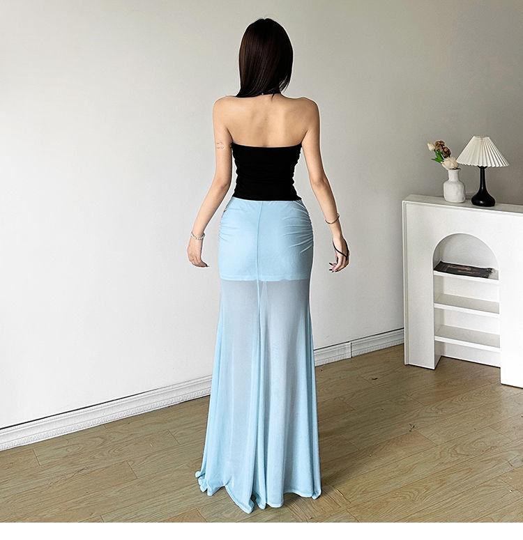Product Introduction of 2025cutenew Sweet Cool Wind Mist Elegant Light Yarn All-Match Fishtail Skirt Women's Zip Tube Top Slimming Vest Short Top 17