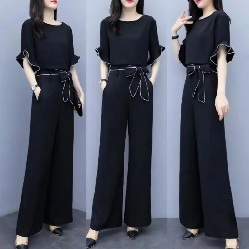 Bộ Quần Ống Rộng Cho Nữ, Phong Cách Thanh Lịch, Cạp Cao, Bó Sát, Thời Trang, Thường Ngày, Bộ Hai Mảnh, Thích Hợp Cho Mùa Hè, Phong Cách Mới Năm 2025 Áo Top Women Cổ Tròn