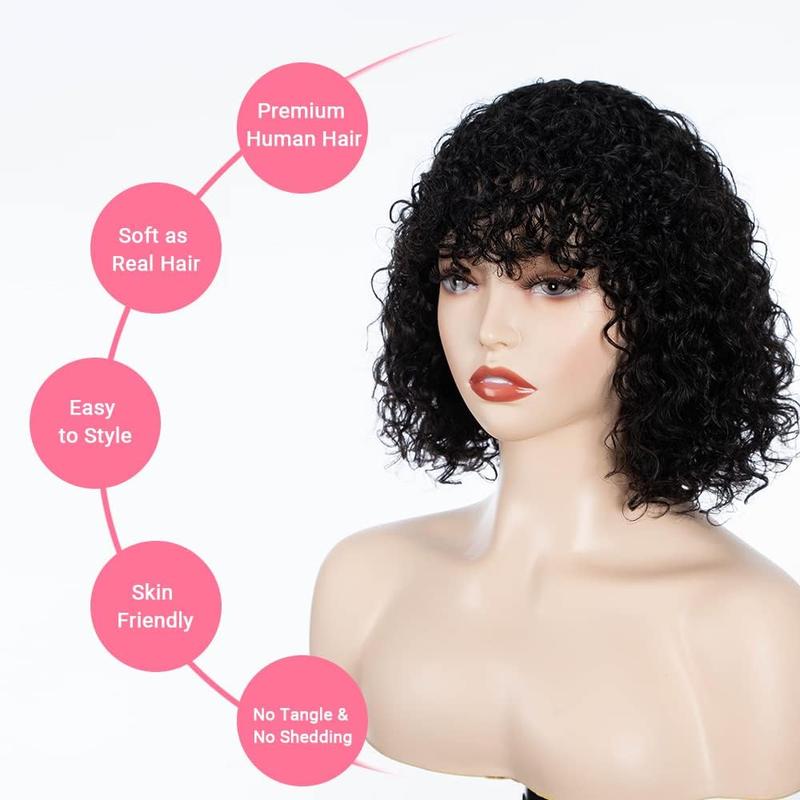 Local shipping-Fashion Idol Bob Curly Human Hair Wigs with Bangs Jerry Curl Bob Wigs Human Hair Brazilian Virgin Human Hair None Lace Front Wigs for Women Machine Made Black Wigs 10Inch 4
