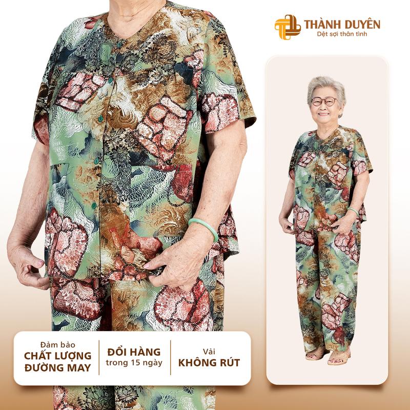 Đồ bộ cho bà mặc nhà Thành Duyên cổ tròn tay ngắn quần dài vải tole không rút thoáng mát B - 1546TCD