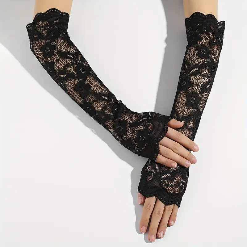 1 Pair Lace  Breathable Flower Embroidery Solid Color Long Gloves Elastic Decorative Fingerless Gloves For Women 2