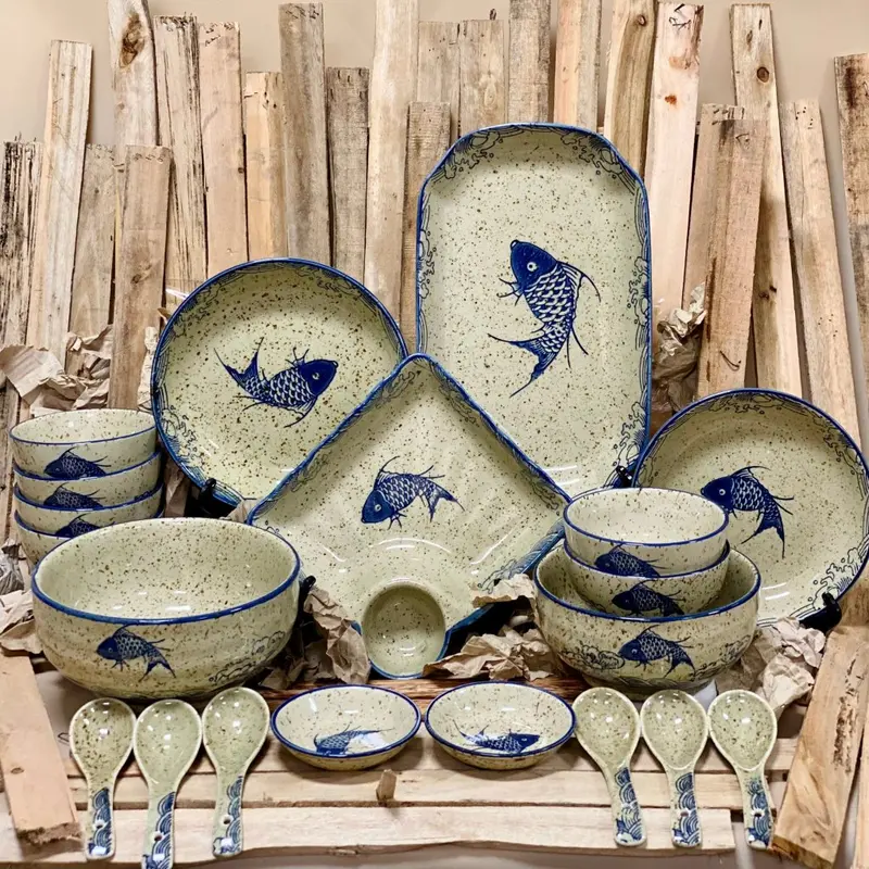 Tách Lẻ Bộ Bát Đĩa Chén Dĩa Gốm Miu  Decor Họa Tiết Cá Nhật Men Tiêu  Phong Cách Nhật Bản 0