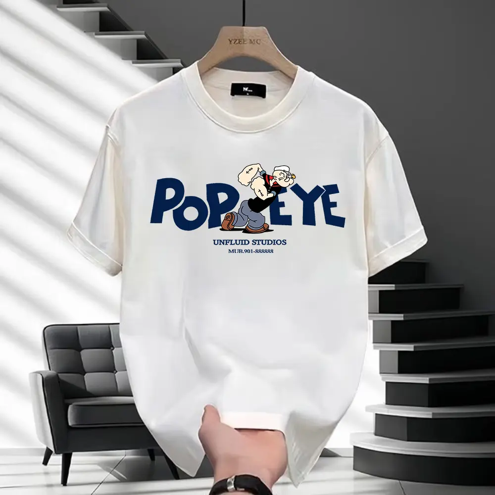 Kaos lengan pendek longgar kasual motif Popeye 100% katun untuk pria