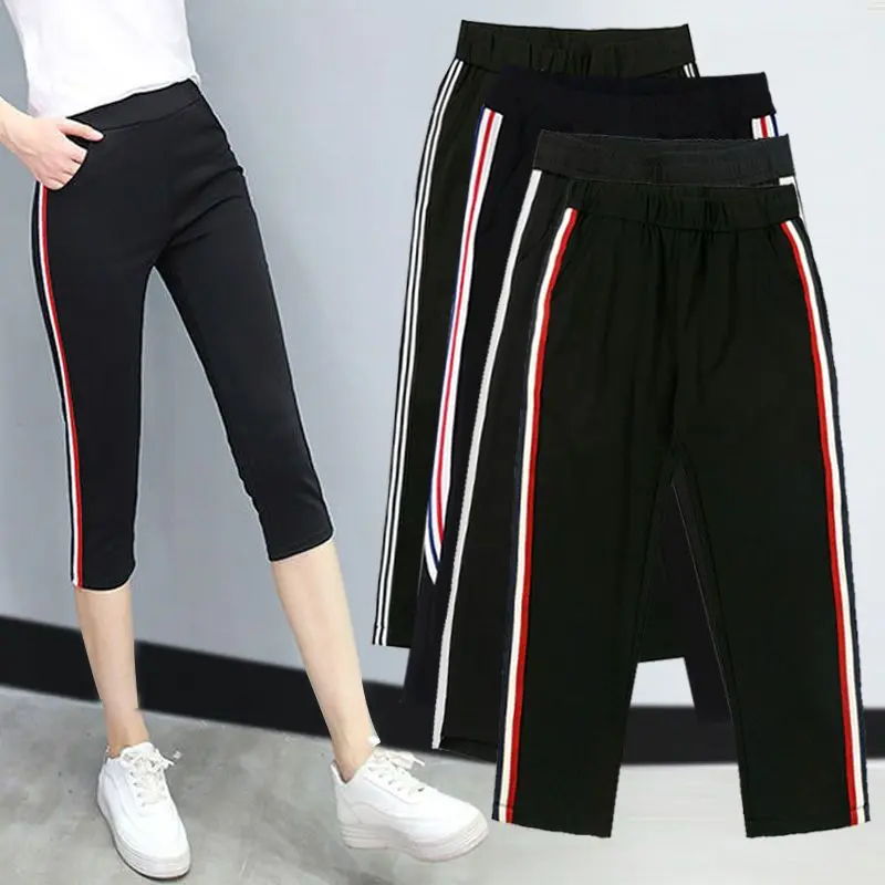 Quần lửng thể thao, màu đen, ngoại Cỡ, dành cho phụ nữ, mùa hè, eo co giãn, co giãn, mỏng, Bó Sát, phong cách Thường Ngày quần legging dài Trung Bình