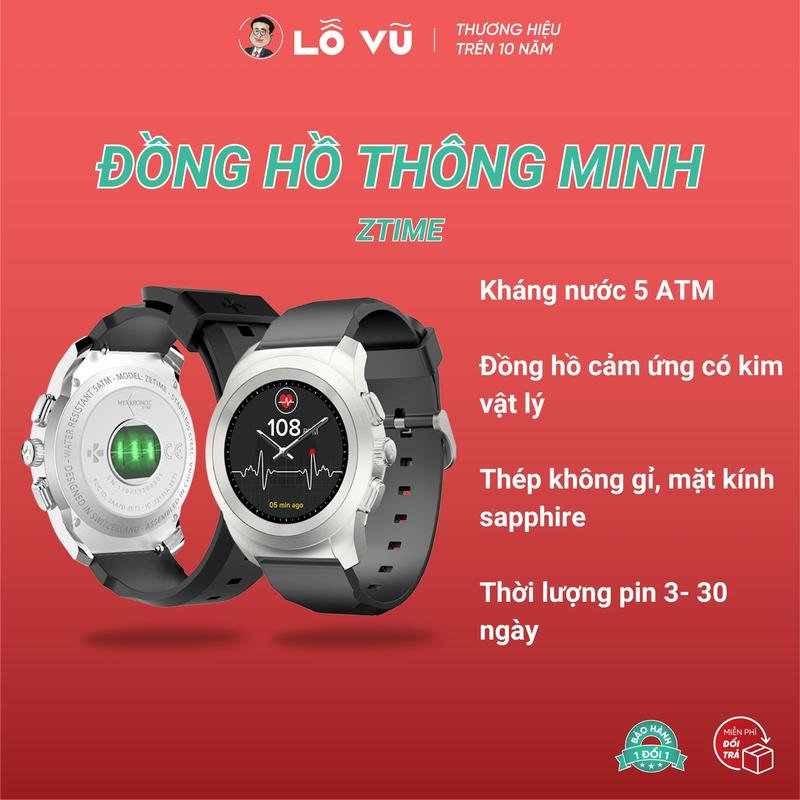 LoVu Đồng hồ thông minh Smartwatch kim vật lý ZTime, Thiết kế Thụy Sỹ, Kính sapphire, Kháng nước 5 ATM, Sạc không dây, Bảo hành lỗi 1 đổi 1