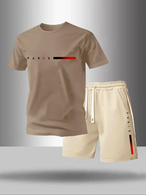 Men's Letter Print Tee & Drawstring Waist Shorts Set, Regular Fit Round Neck Short Sleeve T-shirt & Track Shorts, Casual Summer Clothes for Outdoor 2