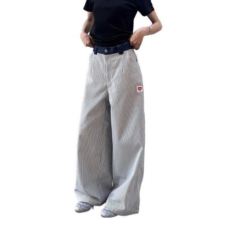 Striped design heart embroidered jeans, retro high waisted straight leg pants, loose curved knife wi