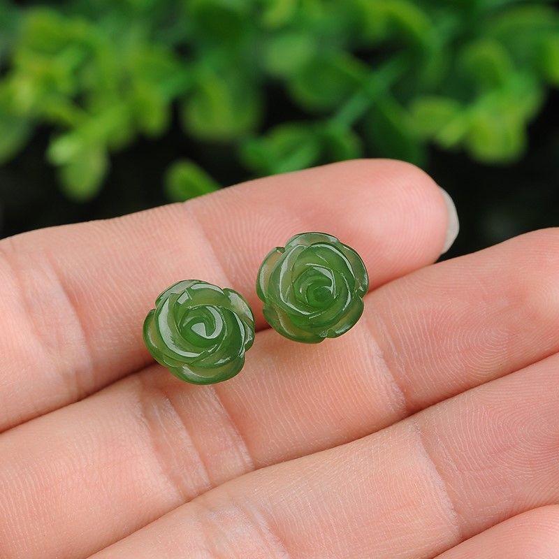 Bông Tai Đinh tán Hoa Hồng Ngọc Lục Bảo Ngọc Bích Hòa Điền Hoa Tai Ngọc Bích Xanh Cho Nữ, Bạc Sterling 925, Phong Cách Cổ Điển 3