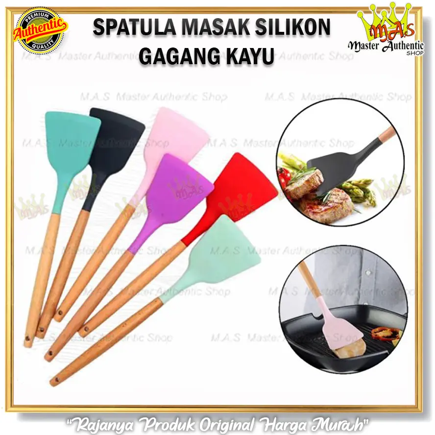 Spatula Masak Silikon Gagang Kayu Sutil Sodet Tahan Panas Anti Lengket