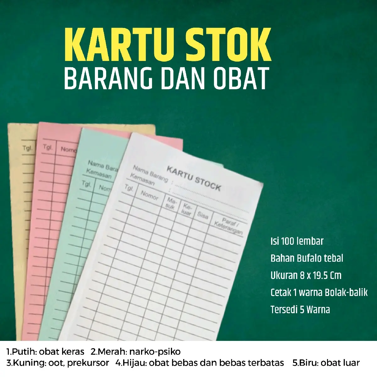kartu stok obat dan barang 1 paket isi 100 lembar 5 pilihan warna Paper Stationery