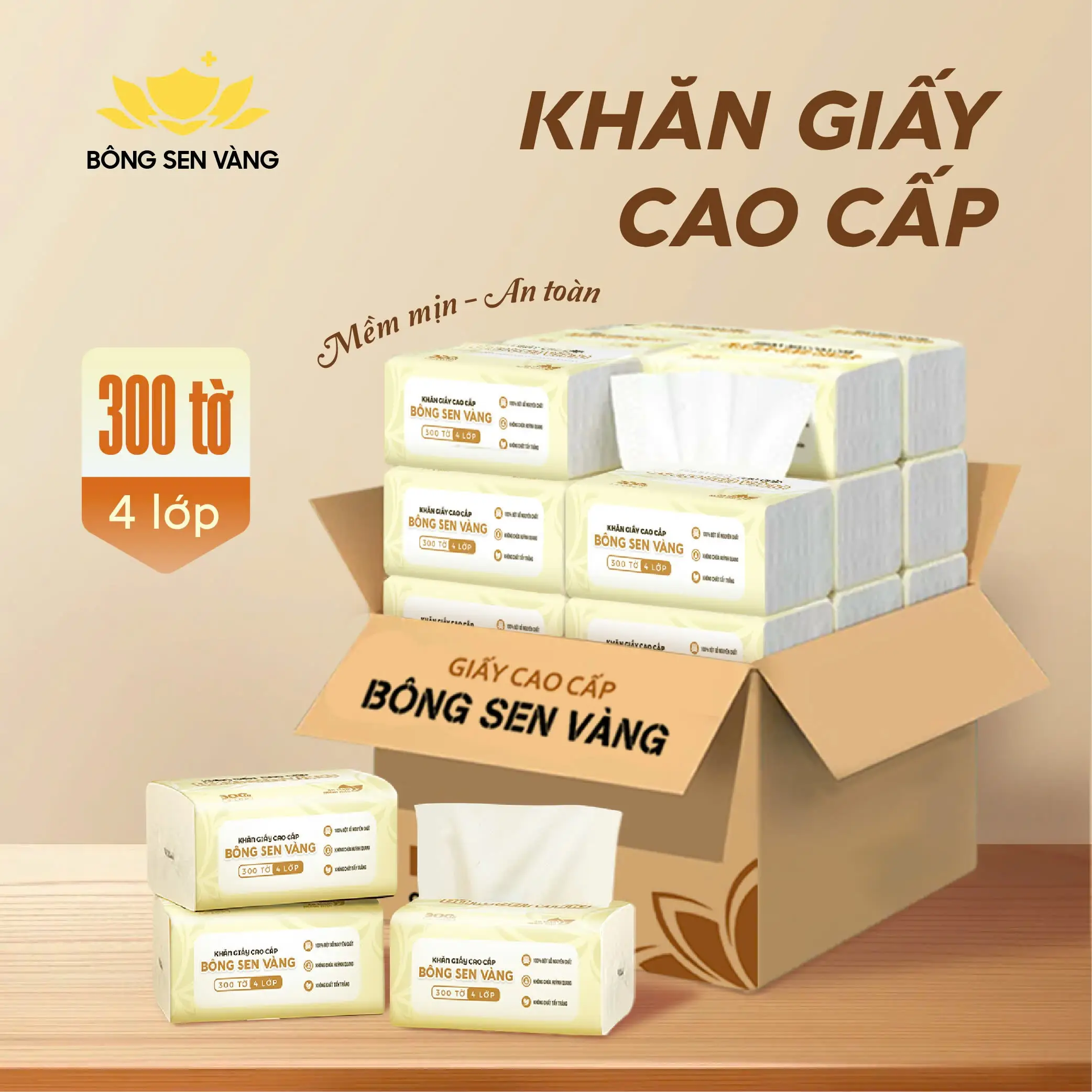 [Đa Kho] Thùng Giấy ăn cao cấp Bông Sen Vàng 4 lớp mềm mịn, an toàn, tiện lợi. Giấy Vệ Sinh - 1