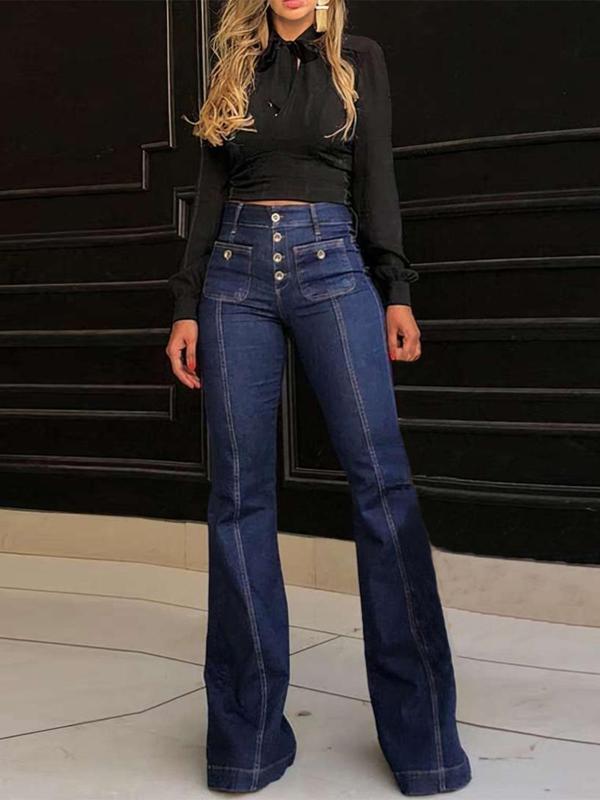 Women's Plain Button Pocket Flare Leg Jeans, Casual Bell Bottom Trousers for Daily Wear, Jeans for Women, Summer Outfits 2024, Ladies Bottoms for All Seasons, Trousers for Women, Going Out Bottoms Womenswear Pants Denim Streetwear 6