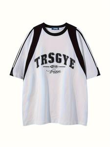 Men's Colorblock Letter Pantched Round Neck Tee, Loose Casual Short Sleeve Crew Neck T-Shirt for Summer, Fashion Men's Top for Daily Wear