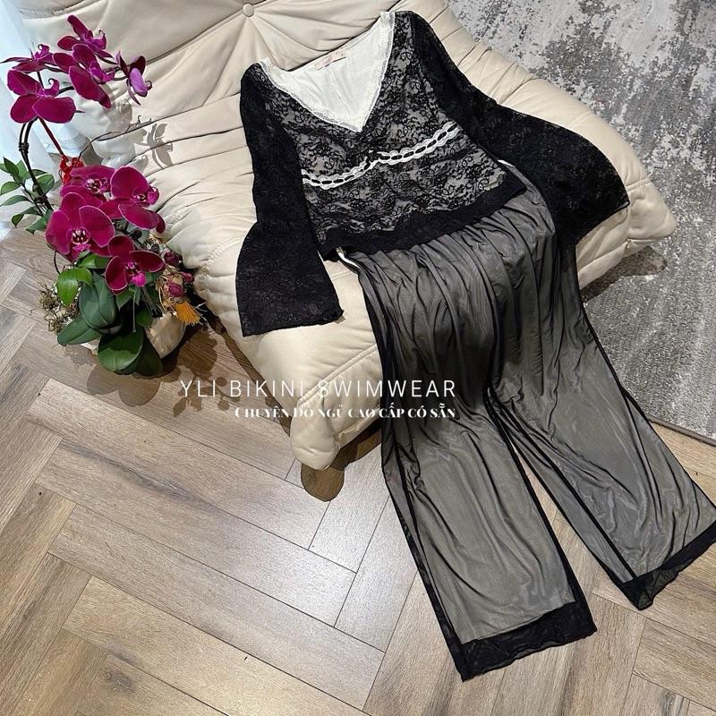 [ YLI BIKINI SWIMWEAR ] Bộ thun dài dài 2 lớp ren đen tay loe Lyly QC cao cấp 2