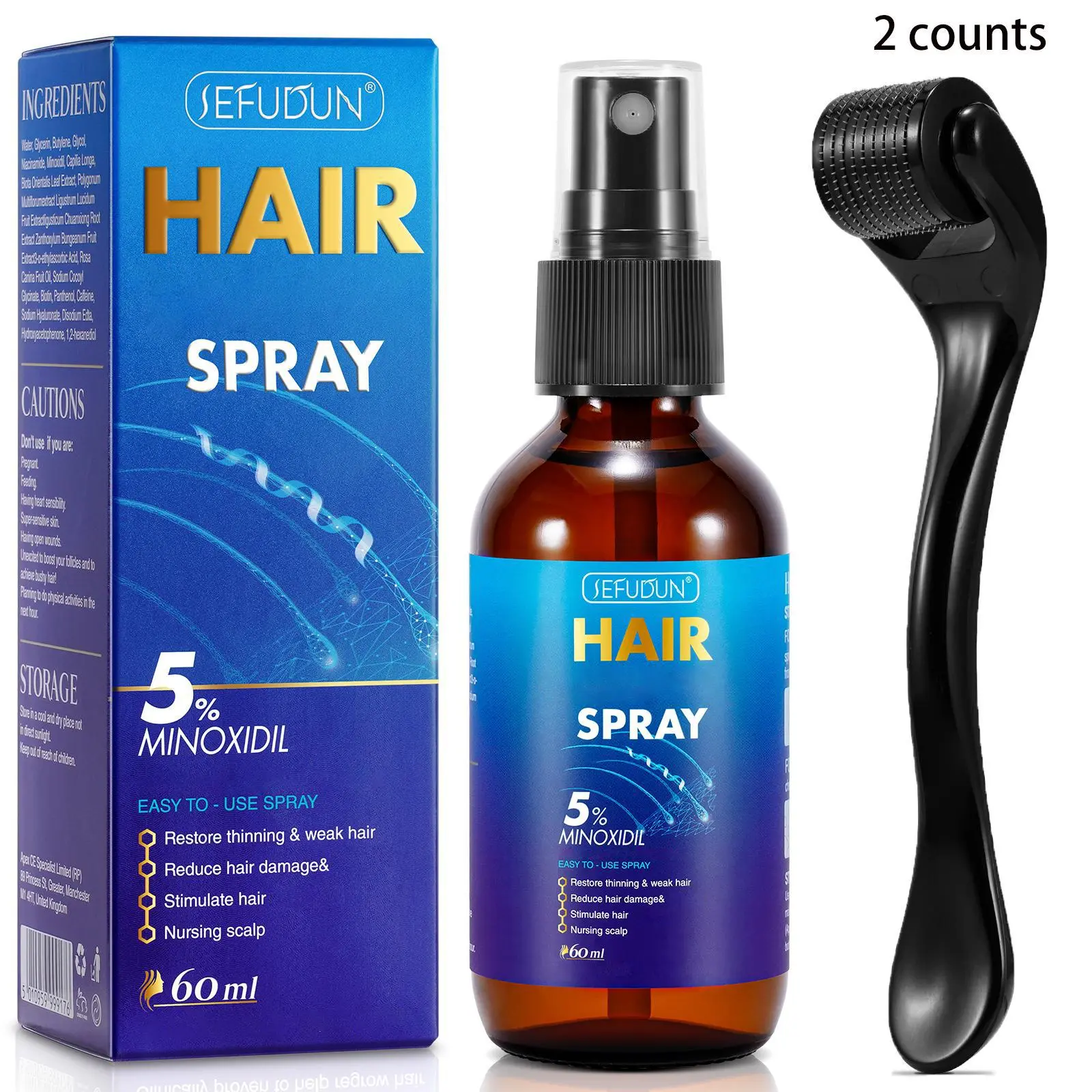 Minoxidil Hair Spray & Microneedle Roller Kit, 2 Counts/set Moisturizing Hair Care Spray For Making Thin Hair Look Thicker