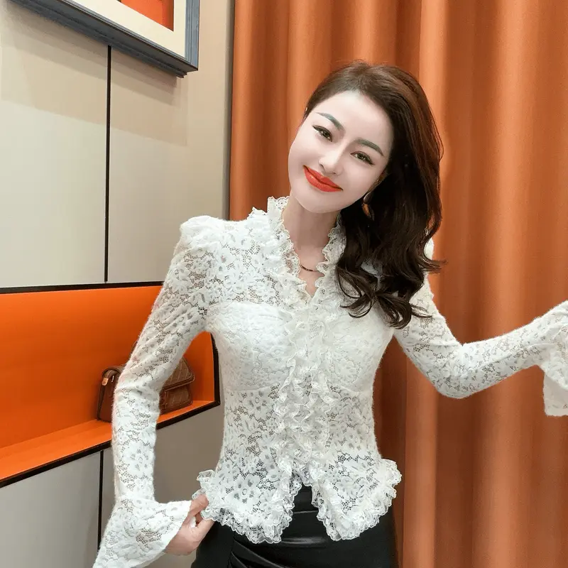 Áo Sơ Mi Ren Dài Tay Áo, Phong Cách Pháp, Chất Lượng Cao Cấp, Màu Trơn Và Cổ Chữ V, Thiết Kế Khâu, Dành Cho Nữ, Hàng Mới Về Mùa Thu, Áo Mỏng, Ins, Năm 2025 1