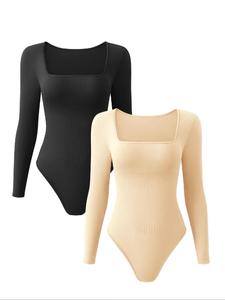 Women's Solid Long Sleeve Square Neck Ribbed Bodysuit, Casual Comfy Snap Closure Bodysuit for Daily Wear, Ladies Clothes for All Seasons, Tummy Tuck Garment